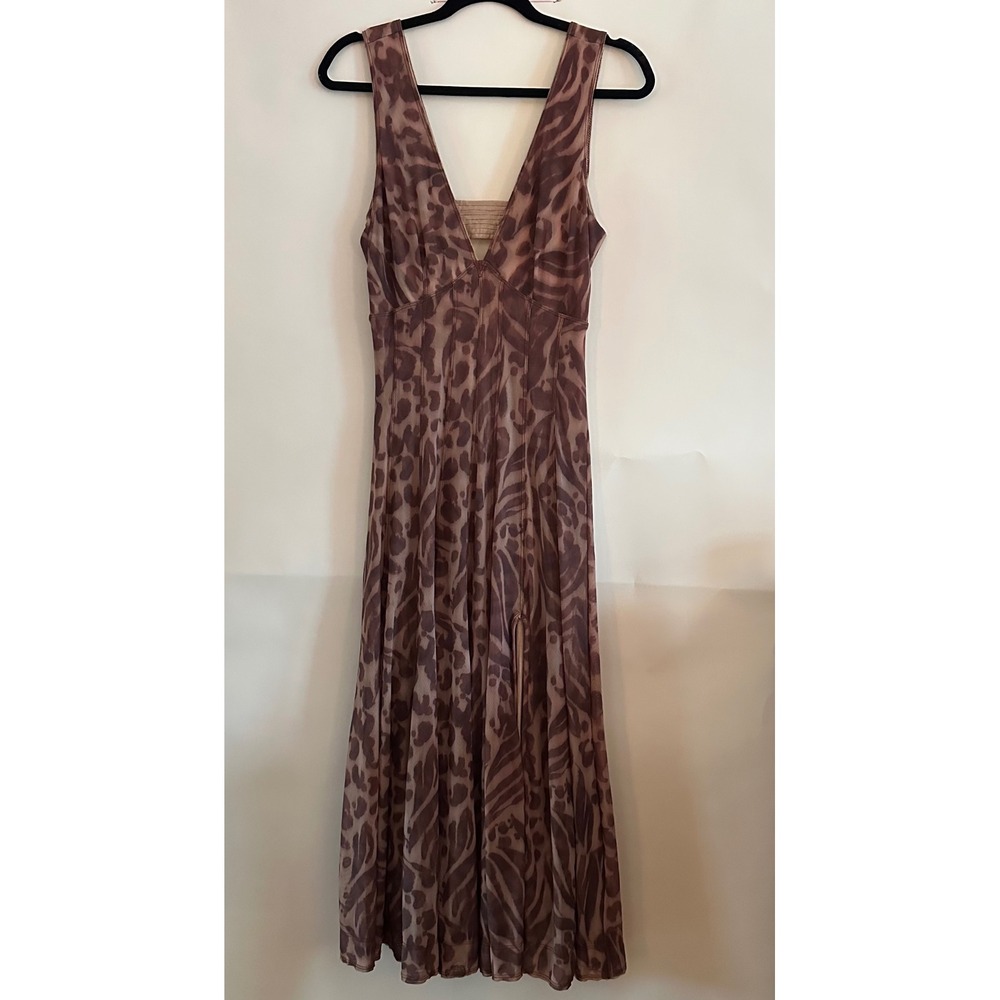 Pilcro Anthropologie Brown Animal Print Mesh Midi Dress XS Sleeveless V-Neck